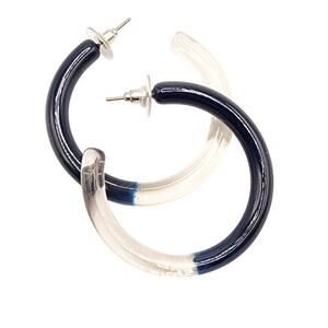 1960s Vintage Lucite Hoop Earrings Navy Blue & Clear Color Block 2" Retro Mod